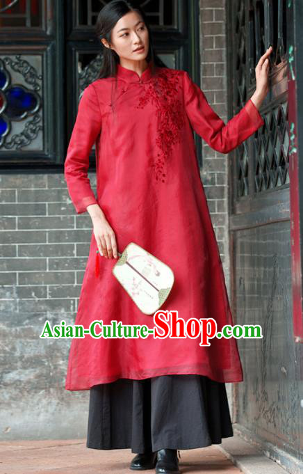 Traditional Chinese National Costume Hanfu Red Linen Embroidered Qipao, China Tang Suit Cheongsam Dress for Women