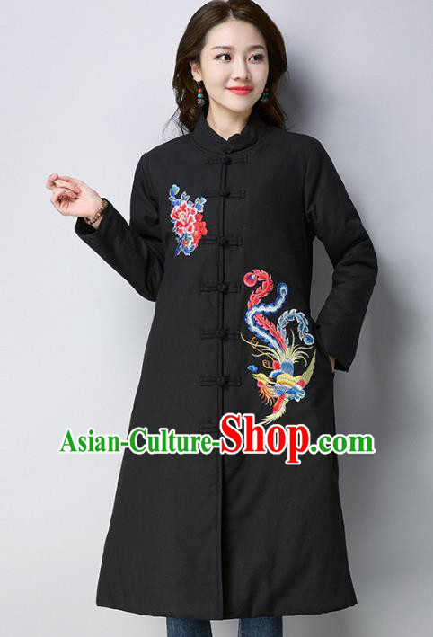 Traditional Chinese National Costume Hanfu Black Embroidered Cotton-padded Coat, China Tang Suit Dust Coat for Women