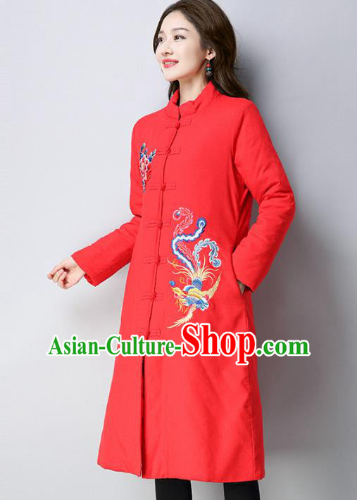 Traditional Chinese National Costume Hanfu Red Embroidered Cotton-padded Coat, China Tang Suit Dust Coat for Women