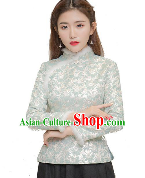 Traditional Chinese National Costume Hanfu Green Satin Blouse, China Tang Suit Cheongsam Upper Outer Garment Shirt for Women