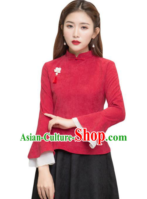 Traditional Chinese National Costume Hanfu Red Qipao Blouse, China Tang Suit Cheongsam Shirts for Women