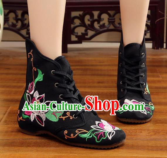 Traditional Chinese National Hanfu Embroidery Flowers Black Shoes, China Ancient Embroidered Shoes for Women