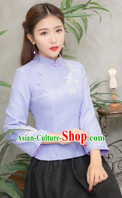 Traditional Chinese National Costume Hanfu Purple Embroidered Blouse, China Tang Suit Cheongsam Upper Outer Garment Shirt for Women