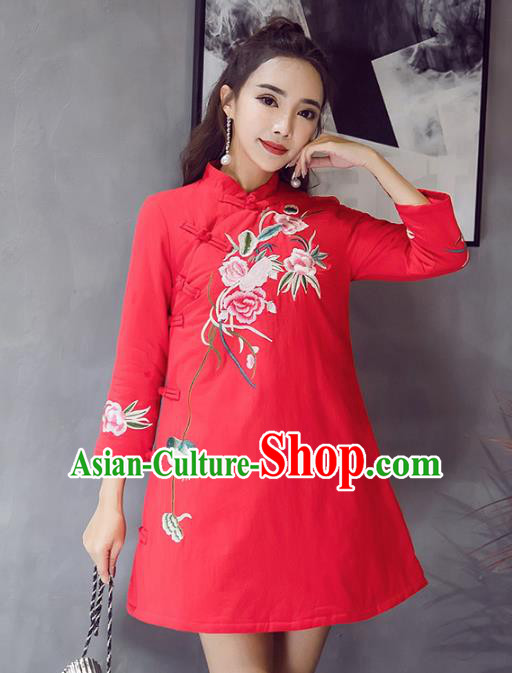 Traditional Chinese National Costume Hanfu Red Embroidered Qipao Dress, China Tang Suit Cheongsam for Women