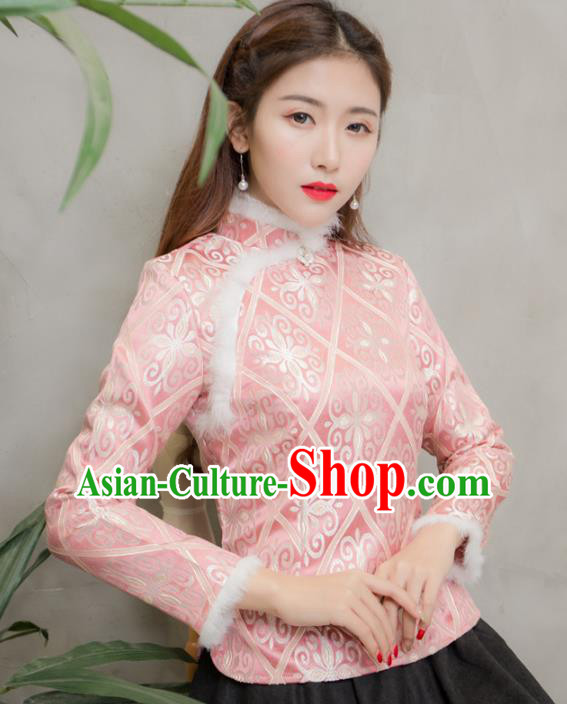 Traditional Chinese National Costume Hanfu Pink Qipao Blouse, China Tang Suit Cheongsam Shirts for Women