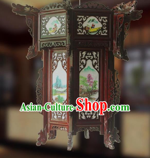 Traditional Chinese Handmade Printing Sheepskin Hexagon Lantern Classical Palace Lantern China Wood Carving Ceiling Palace Lamp