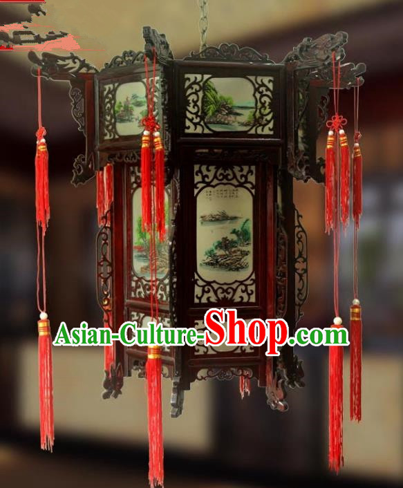 Traditional Chinese Handmade Landscape Painting Lantern Classical Wood Palace Lantern China Ceiling Palace Lamp