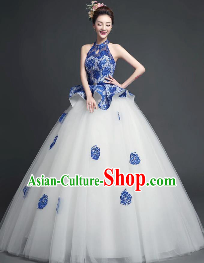 Chinese Style Wedding Catwalks Costume Wedding Bride Full Dress Bubble Veil Dress for Women