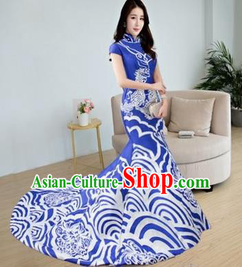 Chinese Style Wedding Catwalks Costume Wedding Bride Embroidered Clothing Trailing Full Dress Cheongsam for Women