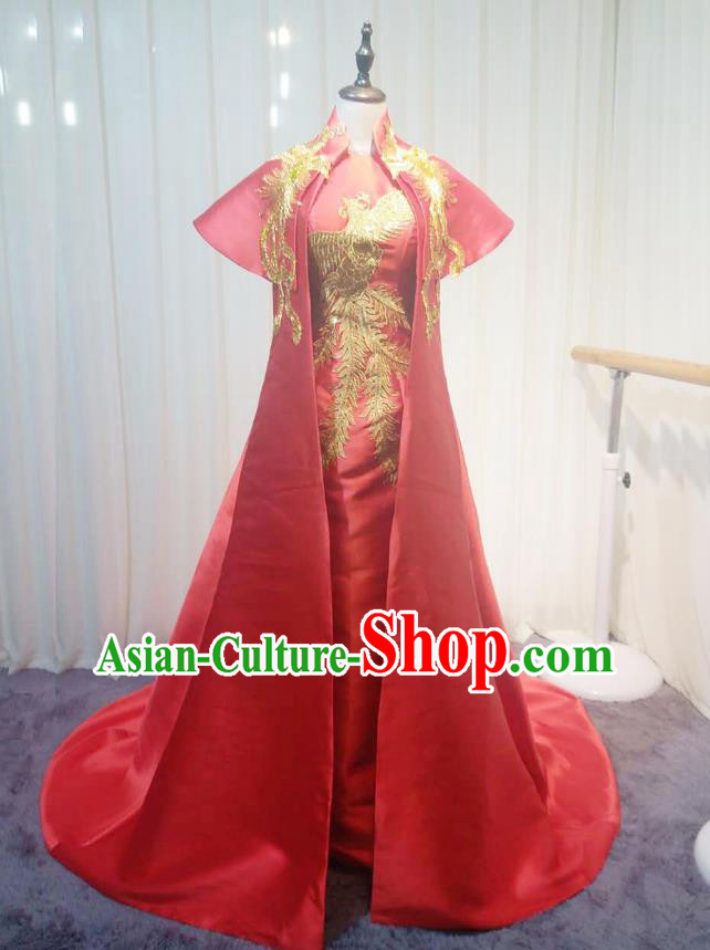 Chinese Style Wedding Catwalks Costume Wedding Red Fishtail Full Dress Compere Bride Embroidered Phoenix Cheongsam for Women