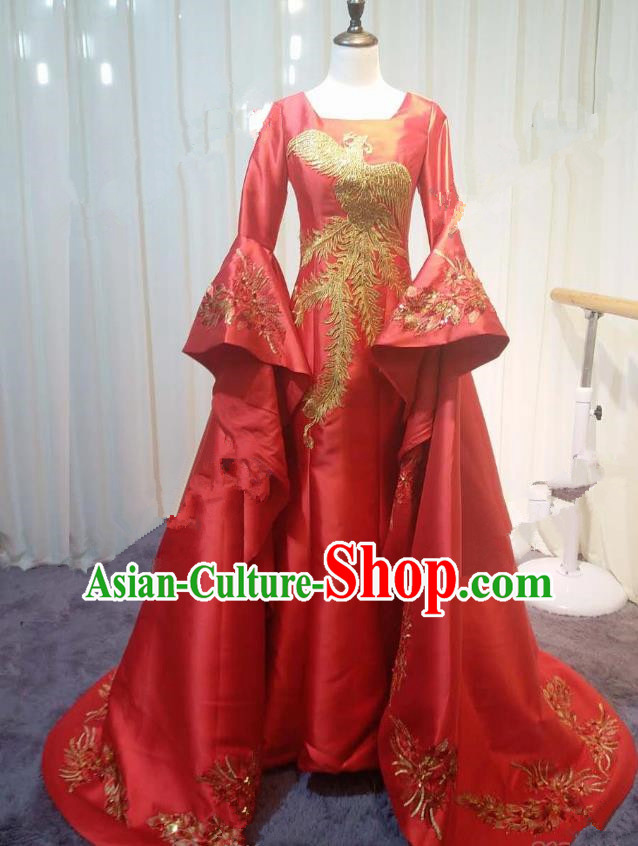 Chinese Style Wedding Catwalks Costume Wedding Red Fishtail Full Dress Compere Embroidered Phoenix Trailing Cheongsam for Women