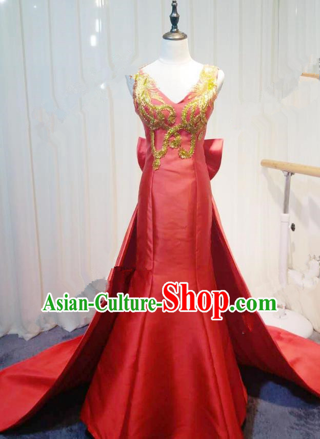 Chinese Style Wedding Catwalks Costume Wedding Red Fishtail Full Dress Compere Embroidered Cheongsam for Women