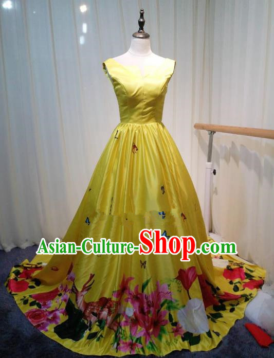 Chinese Style Wedding Catwalks Costume Wedding Trailing Yellow Full Dress Compere Cheongsam for Women