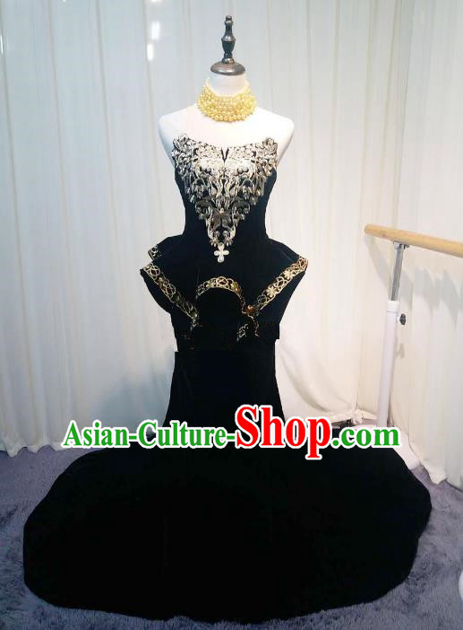 Chinese Style Wedding Catwalks Costume Wedding Trailing Black Full Dress Compere Embroidered Cheongsam for Women