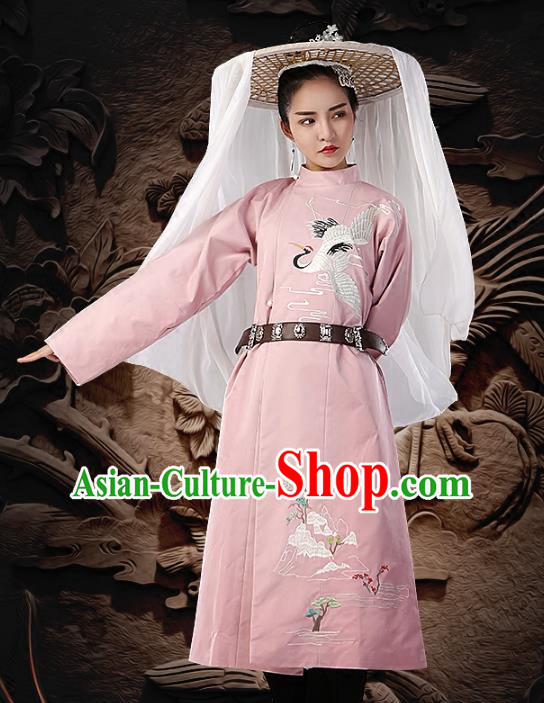 Traditional Chinese Tang Dynasty Imperial Bodyguard Costume Embroidered Pink Round Collar Robe for Women