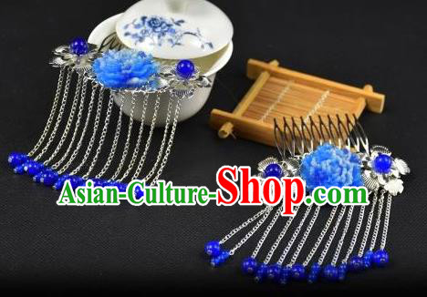 Traditional Handmade Chinese Hair Accessories Hairpins Blue Beads Tassel Hair Stick Headwear for Women