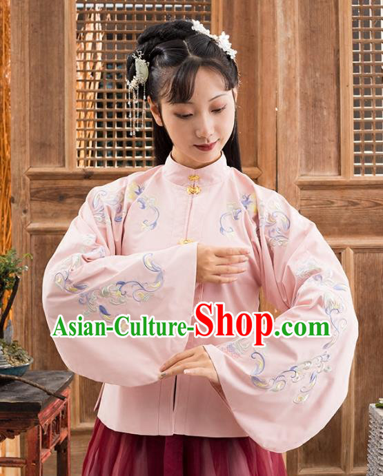 Traditional Chinese Ming Dynasty Nobility Lady Costume Ancient Princess Embroidered Pink Blouse for Women