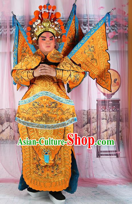 Chinese Beijing Opera General Yellow Embroidered Costume, China Peking Opera Military Officer Embroidery Gwanbok Clothing