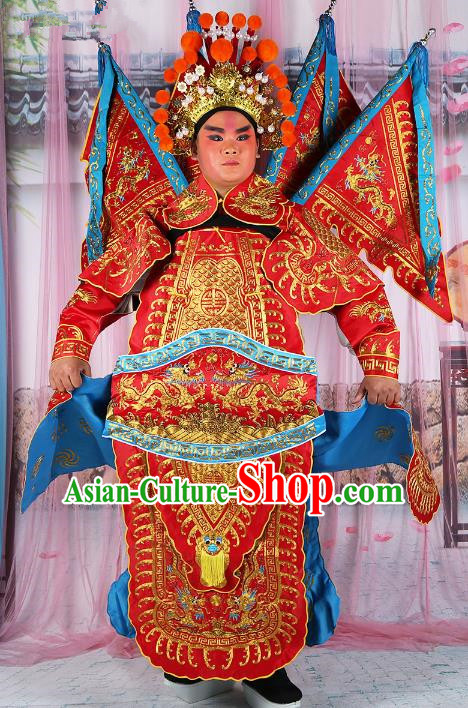 Chinese Beijing Opera General Red Embroidered Costume, China Peking Opera Military Officer Embroidery Gwanbok Clothing