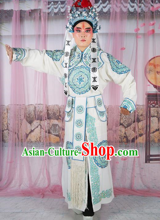 Chinese Beijing Opera Takefu Costume White Embroidered Robe, China Peking Opera Imperial Bodyguard Embroidery Gwanbok Clothing