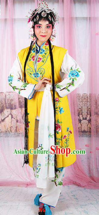 Chinese Beijing Opera Servant Girl Yellow Embroidered Costume, China Peking Opera Actress Embroidery Clothing