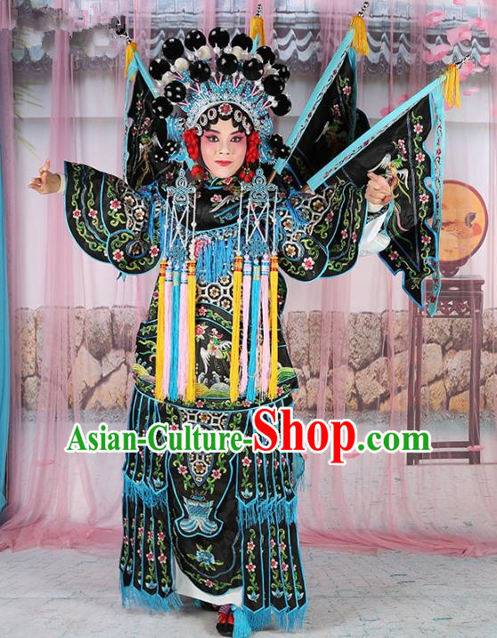 Chinese Beijing Opera Female General Costume Embroidered Black Robe, China Peking Opera Blues Embroidery Gwanbok Clothing