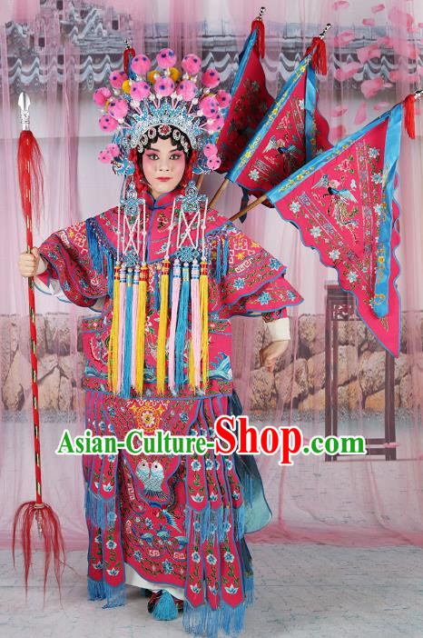 Chinese Beijing Opera Female General Costume Rosy Embroidered Robe, China Peking Opera Blues Embroidery Gwanbok Clothing