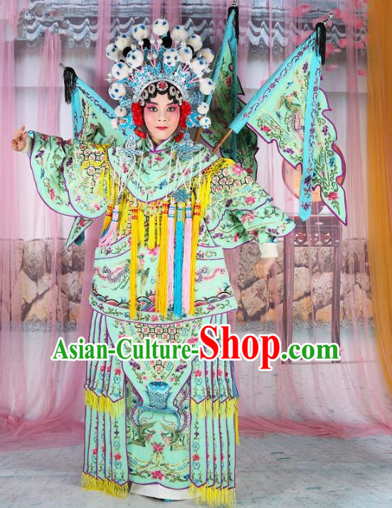 Chinese Beijing Opera Female General Costume Light Green Embroidered Robe, China Peking Opera Blues Warrior Embroidery Gwanbok Clothing