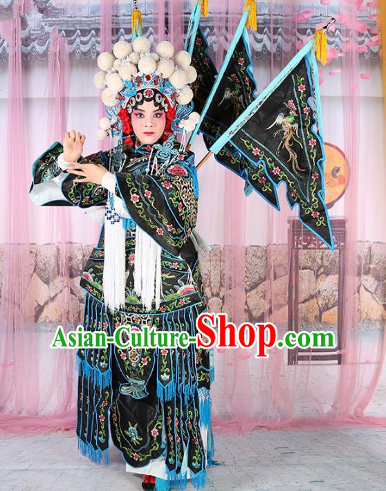 Chinese Beijing Opera Female General Costume Black Embroidered Robe, China Peking Opera Blues Warrior Embroidery Gwanbok Clothing