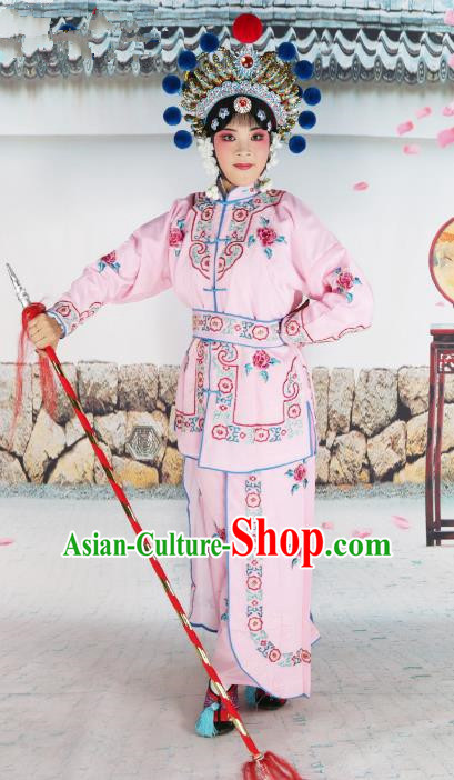 Chinese Beijing Opera Warrior Embroidered Pink Costume, China Peking Opera Blues Actress Embroidery Clothing