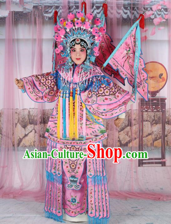 Chinese Beijing Opera Female General Costume Pink Embroidered Robe, China Peking Opera Blues Warrior Embroidery Gwanbok Clothing