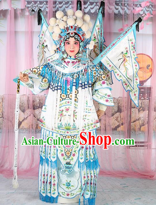 Chinese Beijing Opera Female General Costume White Embroidered Robe, China Peking Opera Blues Warrior Embroidery Gwanbok Clothing