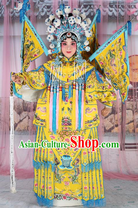 Chinese Beijing Opera Female General Costume Yellow Embroidered Robe, China Peking Opera Blues Warrior Embroidery Gwanbok Clothing