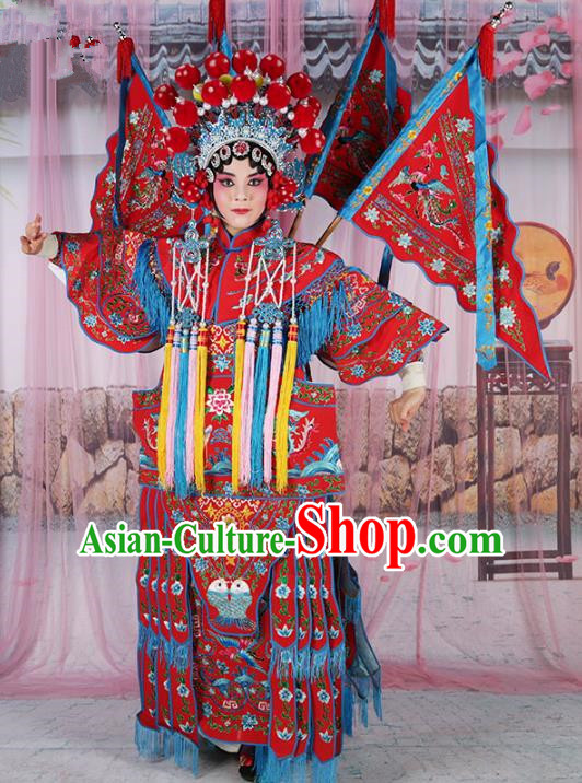 Chinese Beijing Opera Female General Costume Red Embroidered Robe, China Peking Opera Blues Warrior Embroidery Gwanbok Clothing