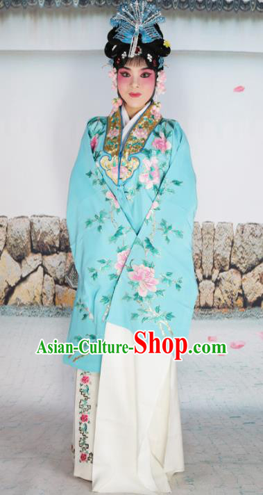 Chinese Beijing Opera Diva Princess Blue Embroidered Costume, China Peking Opera Actress Embroidery Clothing