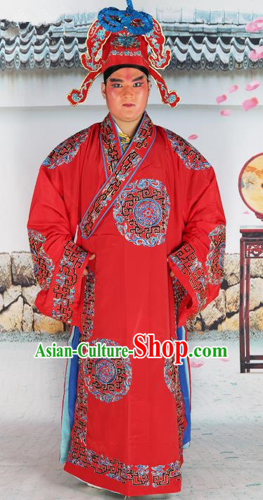 Chinese Beijing Opera Niche Costume Red Embroidered Robe, China Peking Opera Scholar Embroidery Clothing