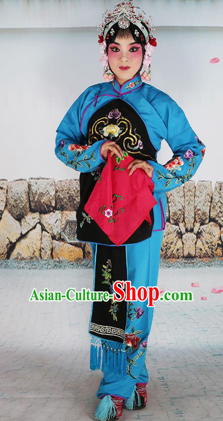 Chinese Beijing Opera Servant Girl Black Embroidered Costume, China Peking Opera Actress Embroidery Clothing