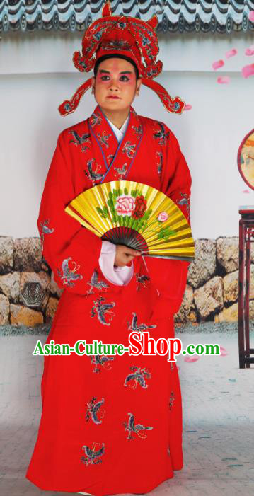 Chinese Beijing Opera Niche Costume Red Embroidered Robe, China Beijing Opera Scholar Embroidery Butterfly Clothing