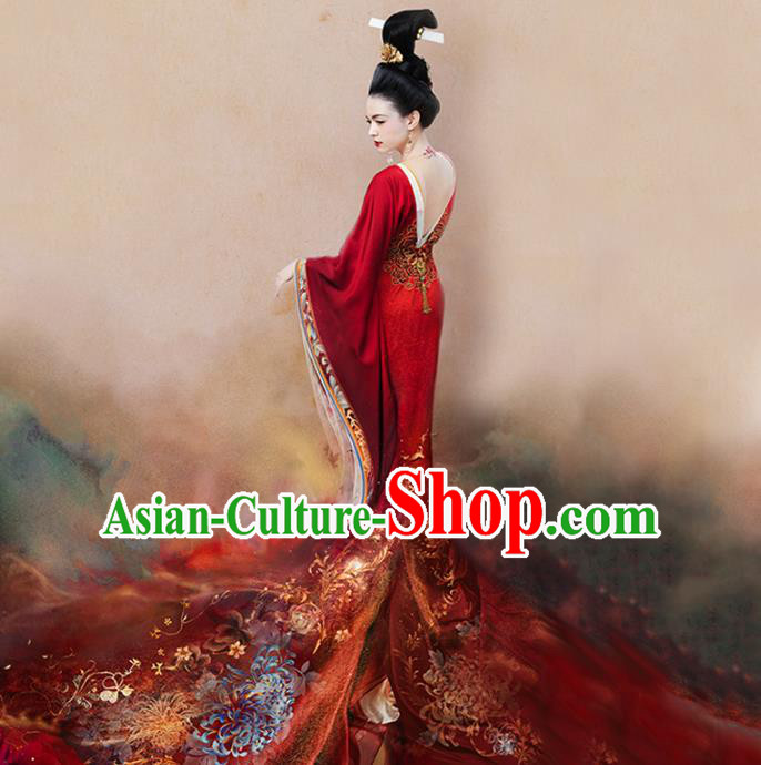 Traditional Chinese Ancient Tang Dynasty Imperial Empress Embroidered Trailing Costume and Headpiece Complete Set