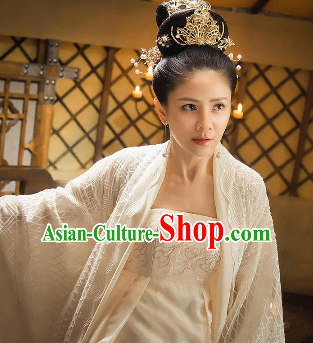 Traditional Chinese Ancient Tang Dynasty Palace Lady Embroidered Costume and Headpiece Complete Set