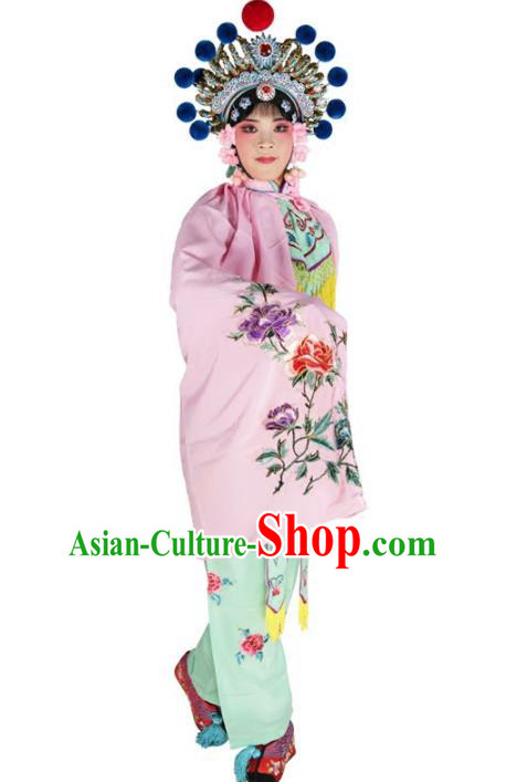 Chinese Beijing Opera Female Soldier Costume Embroidered Pink Short Cloak, China Peking Opera Blues Embroidery Mantle Clothing