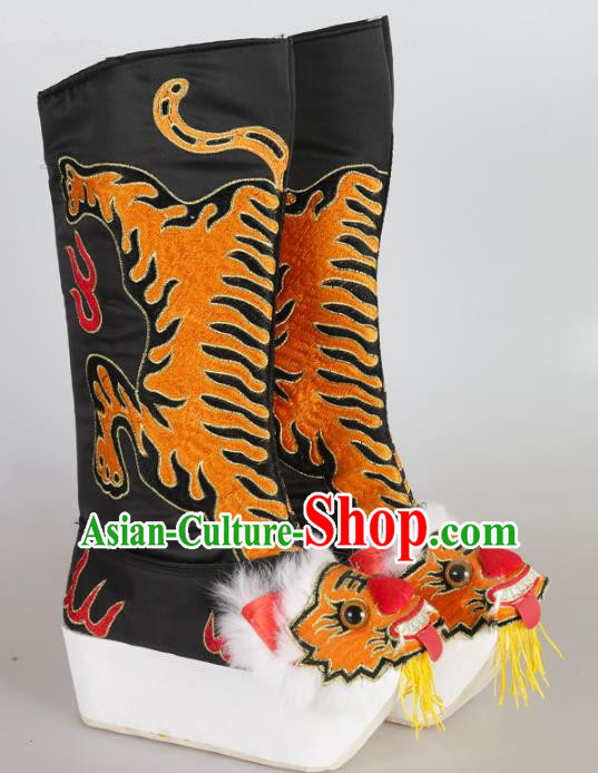 Chinese Beijing Opera Emperor Black Embroidered Boots, China Peking Opera Takefu Embroidery Tiger Shoes