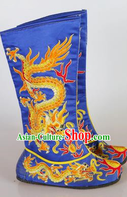 Chinese Beijing Opera Emperor Blue Embroidered Boots, China Peking Opera Takefu General Embroidery Dragons Shoes