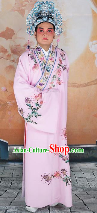 Chinese Beijing Opera Niche Costume Pink Embroidered Robe, China Peking Opera Scholar Embroidery Chrysanthemum Clothing