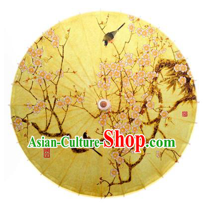 China Traditional Dance Handmade Umbrella Ink Painting Plum Blossom Birds Yellow Oil-paper Umbrella Stage Performance Props Umbrellas