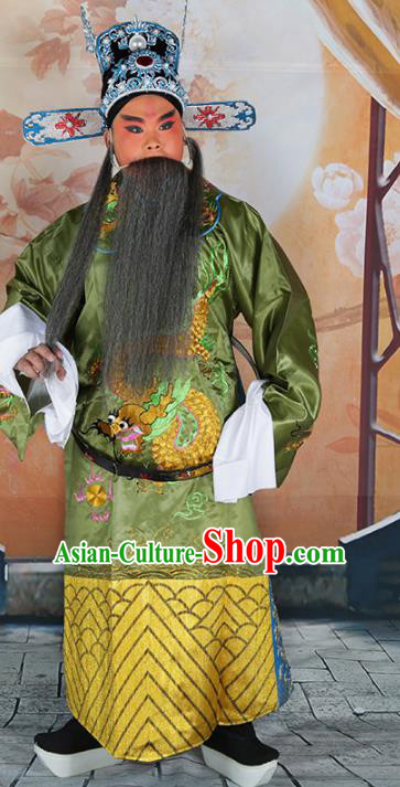 Chinese Beijing Opera Prime Minister Costume Green Embroidered Robe, China Peking Opera Officer Embroidery Clothing