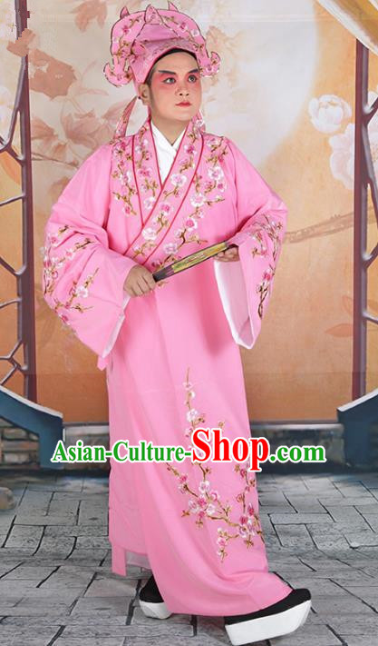 Chinese Beijing Opera Niche Costume Pink Embroidered Robe, China Peking Opera Scholar Embroidery Wintersweet Clothing