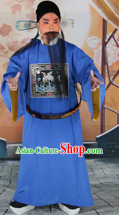 Chinese Beijing Opera Minister Costume Blue Embroidered Robe, China Peking Opera Officer Embroidery Clothing