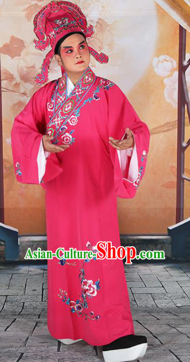 Chinese Beijing Opera Niche Costume Peach Pink Embroidered Robe, China Peking Opera Scholar Embroidery Peony Clothing