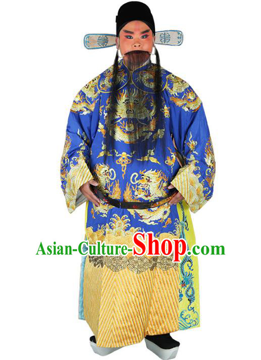 Chinese Beijing Opera Prime Minister Costume Blue Embroidered Robe, China Peking Opera Chancellor Embroidery Clothing